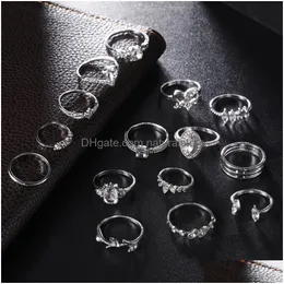 حلقات الكتلة Diamond Heart Crown Ring Sier Knuckle Jewelry Set Women Combining Midi Fashion Will و Sandy Drop Delivery DH6C8