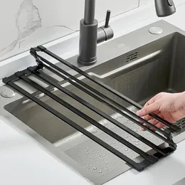 Bord Mattor Portable Roll Up Dish Tork Rack över diskbänken för kök aluminium vikbara rack ingen rost mögel