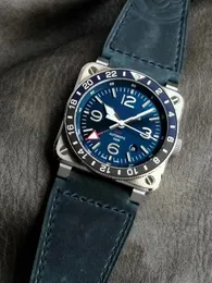 42mm BLUE DIAL STRAP GMT aço inoxidável cristal de safira relógio masculino relógio de pulso movimento automático qualidade superior BR03-93 03-93 bisel brinde banda extra e ferramenta