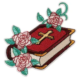 Blumen-Rosen-Buch-Bibel-gestickte Aufnäher, Applikationen für Kleidung, Kreuz Christi, Stickerei, zum Aufnähen, Aufbügeln, Aufnähen, Jacken, Taschen