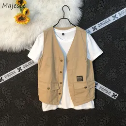 Män västar västar män sommar retro baggy japansk mode ärmlös design high street harajuku tonåringar all-match ulzzang studenter 230725