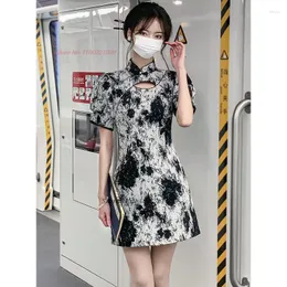 Etniska kläder 2023 Kinesisk vintage Qipao Förbättrad Cheongsam National Flower Print Fairy Dress Oriental Retro Banket Evening Vestido