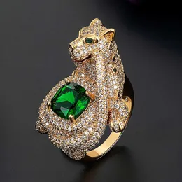 Wedding Rings Zlxgirl Fashion Woman Statement Leopard Shape Animal Finger Ring Green Zircon Eyes Dubai Gold Color Ring couple bijoux Aneis 230726