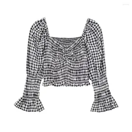 Frauen Blusen Frühen Herbst Mode Kleidung Nette Süße Retro Alle-match-Quadrat Kragen Lange ärmeln Plaid Top