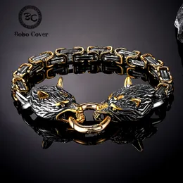 Bangle Norse Viking Celtic Wolf Head Bracelet Men Stainless Steel Odin Wolf Bangle Amulet Never Fade Gold Color King Chain Jewelry 230726