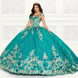 Emerald Green Shiny Quinceanera Dresses Lace Floral Applique Beads Ball Gown Vestidos de 15 anos Customized Sweet 16 Dresses