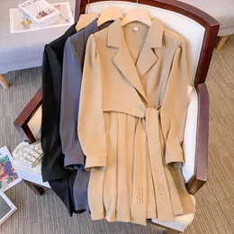 Kvinnors kostymer vintage snörning bälte lapptäcke veckad mitten lång blazer miniklänning kvinnor eleganta kontor damer notched kvinnlig vårhöst