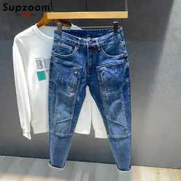 Men's Supzoom Arrival Top Fashion Autumn Zipper Fly Stoashed Casual Patchwork Cargo Denim Pockets Cotton Jeans Men 230316 L230726