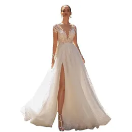 Abiti da sposa a maniche lunghe bohémien Una linea con scollo a V in pizzo Appliqued Beach Abiti da sposa Backless Sweep Train High Side Split Boho Abito da sposa