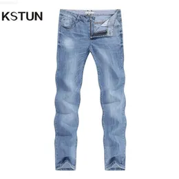 Man Jeans Brand Spring och Autumn Slim Straight Regular Cut Light Blue Stretch Fashoin Men's Clothing Man Long Trousers 210318 L230726