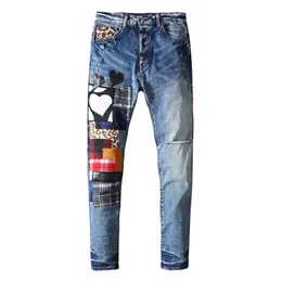 Jeans da uomo Pantaloni d'amore ricamati alla moda europea e americana lavati e indossati pieghe pantaloni casual dimagranti per adolescenti218T