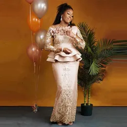 aso ebi 스타일 플러스 크기 아프리카 이브닝 드레스 2022 긴 소매 주름 나무 peplum 3d 레이스 아플리크 인어 댄스 파티 드레스 TH299H의 어머니