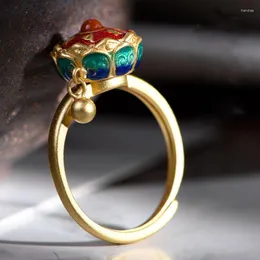 Cluster Rings Ancient Method Enamel Colorful Plating Eight Leaf Lotus Platform Six Character True Words Spinning Cylinder Cloisonne Blue