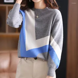 Women's Sweaters 2023 Autumn Winter Cashmere Sweater Women O-Neck Color Matching Large Size Knit Pullover Pure Wool Long-Sleeve Female Shirt