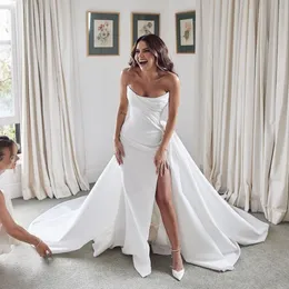 Modern Satin Side Split Mermaid Wedding Dresses Scalloped Draped Bridal Gown Long Train Church Wedding Wears