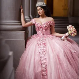 Pink Shiny Off the Shoulder Mexican Quinceanera Dress Applicques Beads Vestido de XV Anos 15 16 Födelsedagsfest klänning