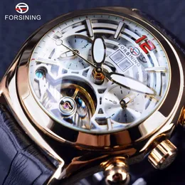 Forsining Legend Tourbillion Series Design de vidro 3D Relógio masculino de couro genuíno Marca de topo Relógio de pulso automático masculino Relógio de pulso 270z