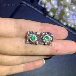 Stud Earrings Women's 925 Silver Inlaid Natural Emerald Ear Studs Exquisitely Crafted Retro Design Elegant And Beautiful