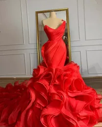 Red Mermaid Wedding Dresses Gothic Lace-up Corset Back Cascading Ruffles Train Organza Princess Bridal Gowns Vestidos De Novia 2023