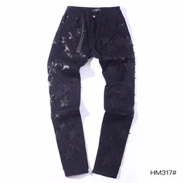 Falection Mens 21SSアミミケジーンズが苦しむブラックレザースターパッチリッピングデニムパンツ267z