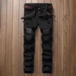 Högkvalitativa män pu läder jeans casual design cyklist jeans män smal denim rak rippad biepa 8804209m