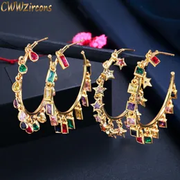 Stud CWWZircons Chic Gold Color Rainbow CZ Big Circle Round Dangle Tassel Drop Charms Hoop Earrings for Women Boho Jewelry CZ818 230725