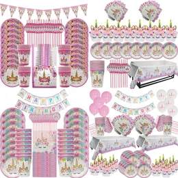 Andra evenemangsfestleveranser Unicorn Party Supplies Disponertabell Set Kids Birthday Party Decoration Unicornio Decor Plates Cup Banner Baby Shower 230725