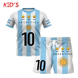 ファミリーマッチング衣装DIY番号Argentina Flag Kidsスーツ3DプリントTシャツとショートパンツスポーツウェアサマークラシックアクティブウェアショーツトップスボーイ230725