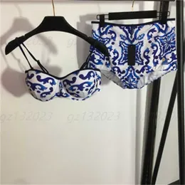 Sexig baddräkt Tvådelat Set Designer Clothe Celadon Flower Printed Spaghetti String Camisole Underwear Triangle Panties Women Summer Swimewear