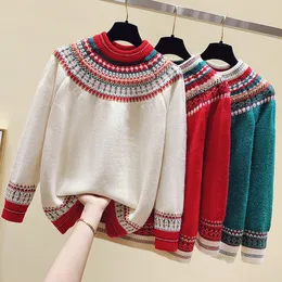 QNPQYX moda mujer básico Vintage suéter invierno nuevo Harajuku suelto Casual tejido cuello redondo Jersey jerséis Top ropa roja