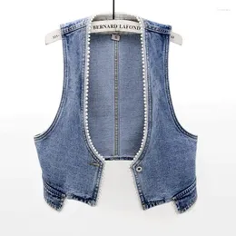 Kvinnors västar vår sommar vintage blå pärlor v hals denim väst kvinnor smal kort cowboy midja kofta ärmlös jeans kvinna