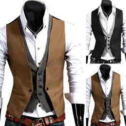 Mens Vests Twopieces 남자 가짜 V 목 슬리빙 버튼 버튼 주머니 슬림 웨이스트 코트 재킷 FIT Chaleco Hombre Gilets Sans Manches 230726