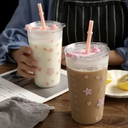 Weingläser Sakura Glasbecher Doppelschicht hitzebeständig mit Deckel und Stroh Kawaii Blume Kaffee Tee Wasserflasche Trinkgeschirr 230725