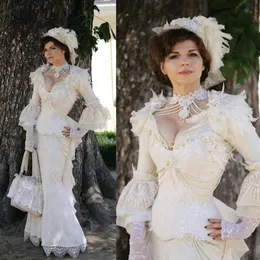 Vintage viktoriansk spets sjöjungfru aftonklänningar 2022 puffy långärmad fjäder 3d blommig gotisk snörning korsett cosplay prom klänningar p263d