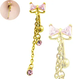 Body Belly Button Rings Gold Plated Stainless Steel Barbell Dangle Rhinestone Long Chain Navel Rings Piercing Jewelry296r
