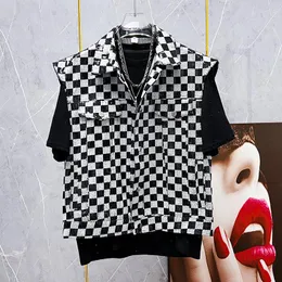 Men's Vests PFNW Spring Autumn High Street Darkwear Vest Sequins Checkered Color Contrast Sleeveless Loose Fashion Clothes 28A3139