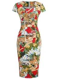 T-shirt magro vintage 50s vestido de festa feminino manga curta escritório ol midi vestido verão vestidos floral impressão rode de cauda bodycon vestido