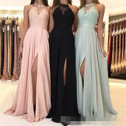 2019 New Halter Front Slit Chiffon 신부 들러리 드레스 레이스 아플리크 Long Maid of Honor Gown Wedding Guest Party Dress269E