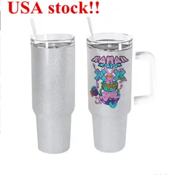 local warehouse Sublimation rought glitter 40oz tumbler with lids and Handle shimmer sublimation tumblers big capacity stainless steel Reusable Tumbler