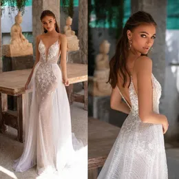 2020 Millanova Elegant Mermaid Wedding Dresses Deep V Neck Pärlor Applices spets bröllopsklänningar svep Train Vestidos de novia3188