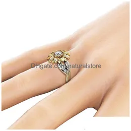 Cluster Rings Cubic Zirconia Flower Sunflower Ring Gold Diamond Engagement For Women Fashion Jewelry Drop Delivery Dhktj