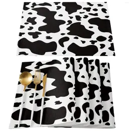 Esteiras de mesa em preto e branco padrão de vaca jogo americano de arte conjunto de 4/6 pçs cozinha acessórios para café porta-copos porta-copos decoração de jantar em casa linho