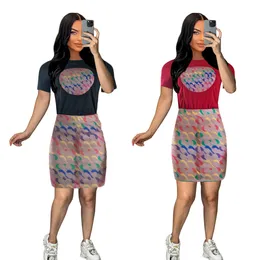Summer Women's T-shirt Short Sleeve Printing Casual Mixed Color Package Hip Skirt Sexy Business Wear Miniskirt