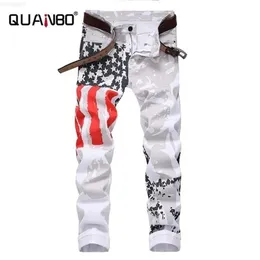 Tamanho grande 38 40 42 masculino branco marca QUANBO moda masculina casual estampado jeans elástico skinny calça jogger 210318 L230726