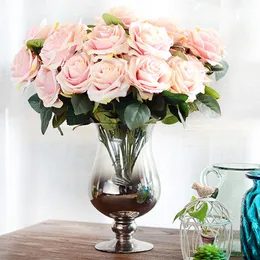 Torkade blommor 10 huvuden Rose Artificial Flower Big Bouquet Silk for Wedding Home Party Decoration Fake Fall 230725