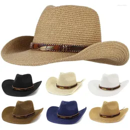 Berets Men Women Western Cowboy Straw Hat Summer Fashion Solid Kolor Dugrimed Sun Travel Seaside Beach 56-58cm