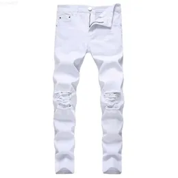 Erkekler Katı Beyaz Yırtık Erkekler Klasik Retro Erkek Skinny Jeans Marka Elastik Denim Pantolon Pantolonlar Sıradan İnce Fit Pencil Pant 210318 L230726
