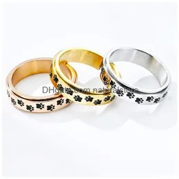 Band Rings Rotatable Stainless Steel Puppy Paw Ring Spinner For Women Men Love Rose Gold Relieving Anxiety Fashion Jewelry Drop Delive Dhtra