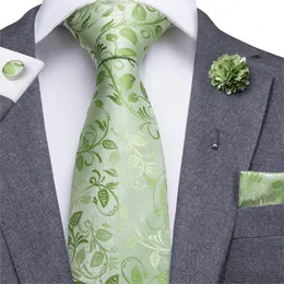 Neck Ties Hi-Tie Men Silk Tie Grass Green Ties Floral Necktie Boutonniere Handkerchief Cufflinks Set Wedding Cravat for Groom 8.5 cm 230725