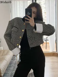 Kvinnors jackor woherb ny mode koreansk chic vintage tweed jacka kappa kvinnor vårkontrast färg beskurna jackor elegant kontor lady outwear j230726